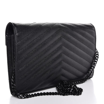 Saint Laurent Grain De Poudre Matelasse Chevron Monogram Chain Wallet Black 3 of 7