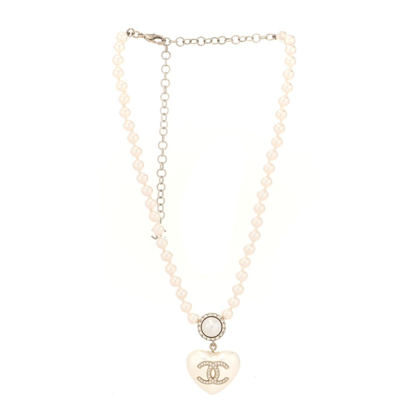 Pearl Crystal CC Heart Short Necklace Pearly White Gold