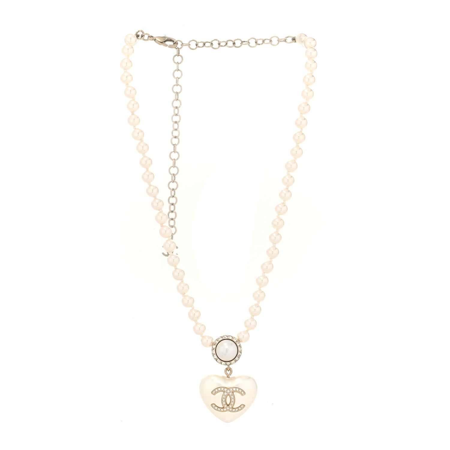 Chanel Pearl Crystal CC Heart Short Necklace Pearly White Gold 3 of 5
