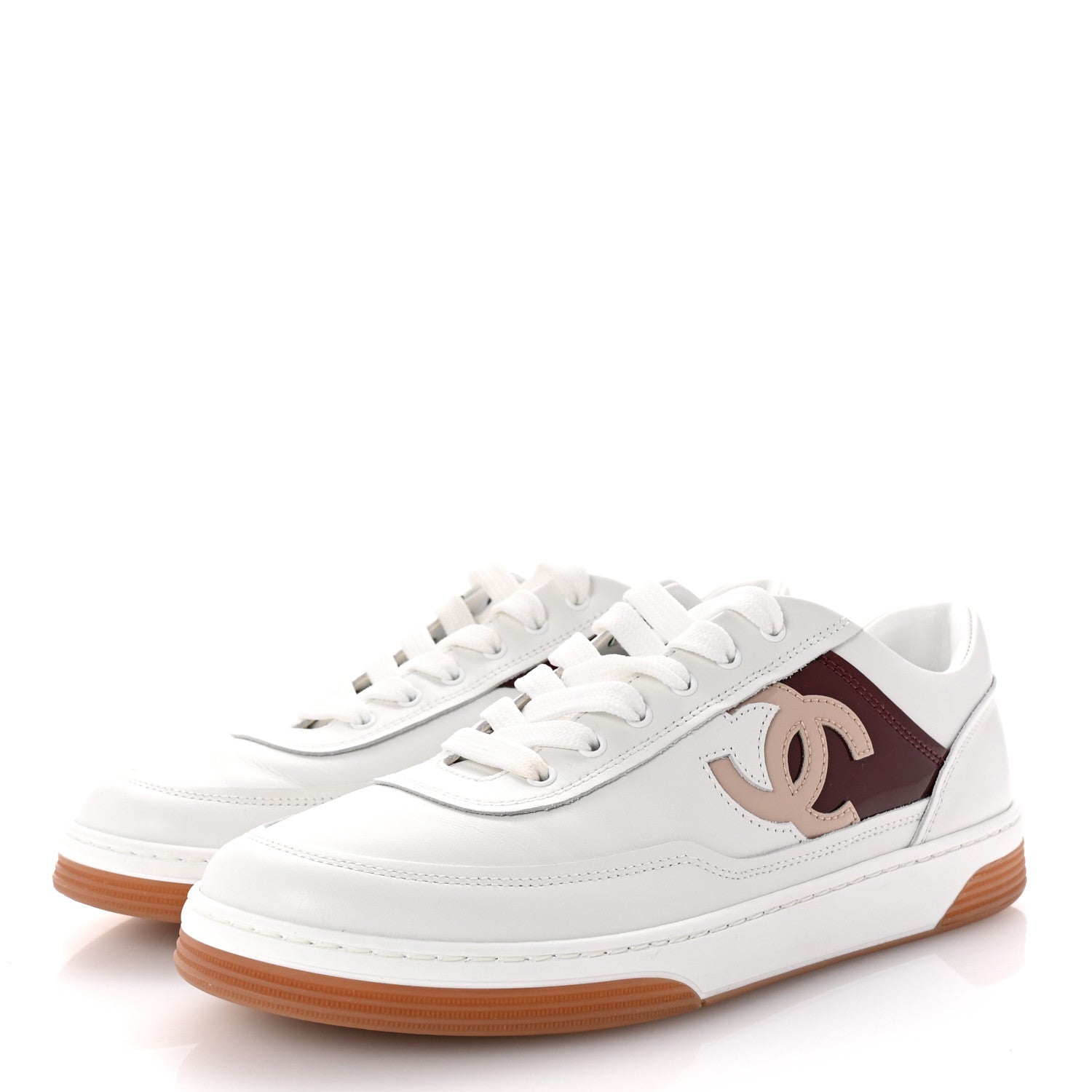 Chanel Calfskin Patent Womens CC Sneakers 37 White Burgundy Beige 4 of 10