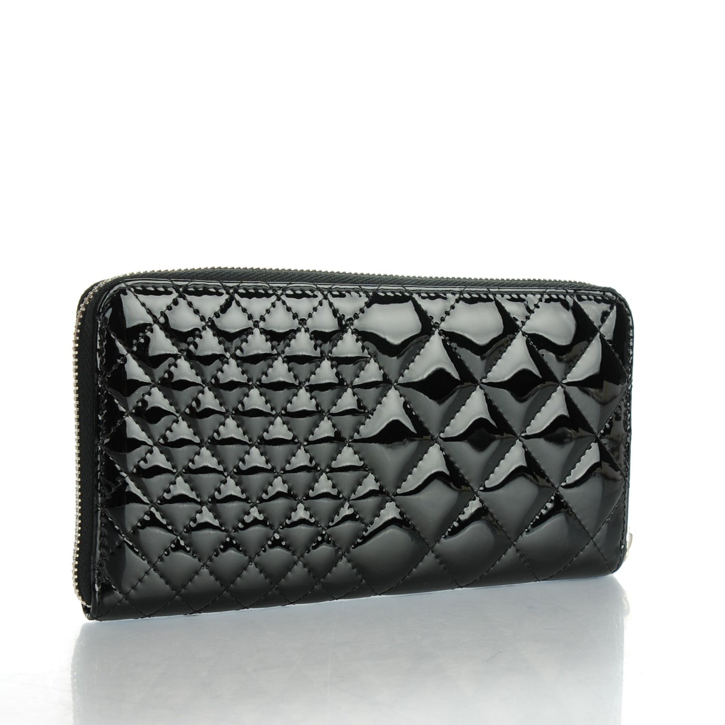 Patent Double Quilted Zip Around Wallet Black
