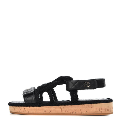 Chanel Cord Lambskin Quilted Logo Sandals 39 Black 1 of 10