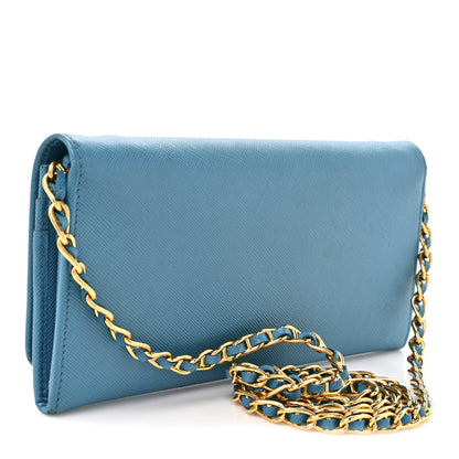 Prada Saffiano Metal Oro Chain Wallet Celeste 2 of 10