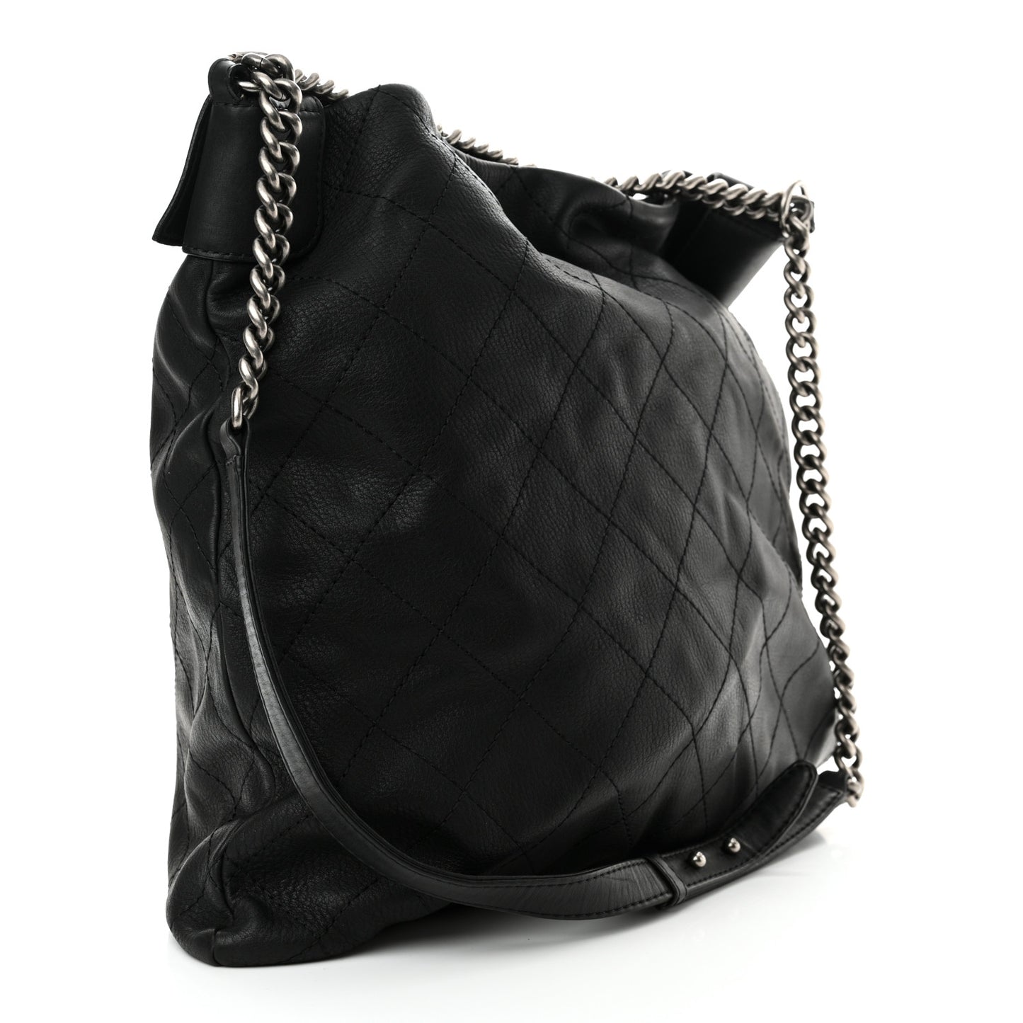 Calfskin Stitched Double Zip Hobo Black
