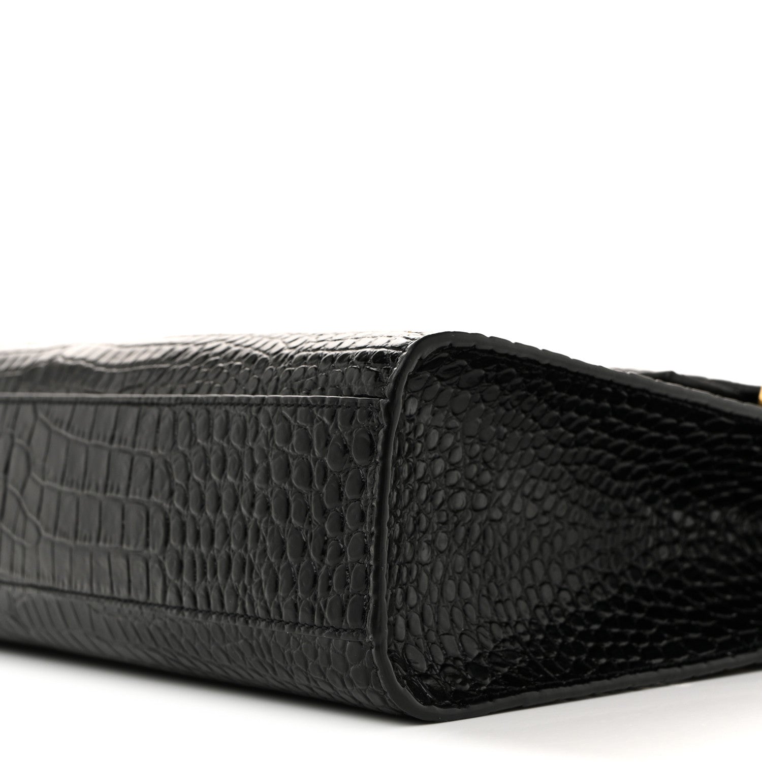 Saint Laurent Shiny Calfskin Crocodile Embossed Manhattan Baguette Black 10 of 10