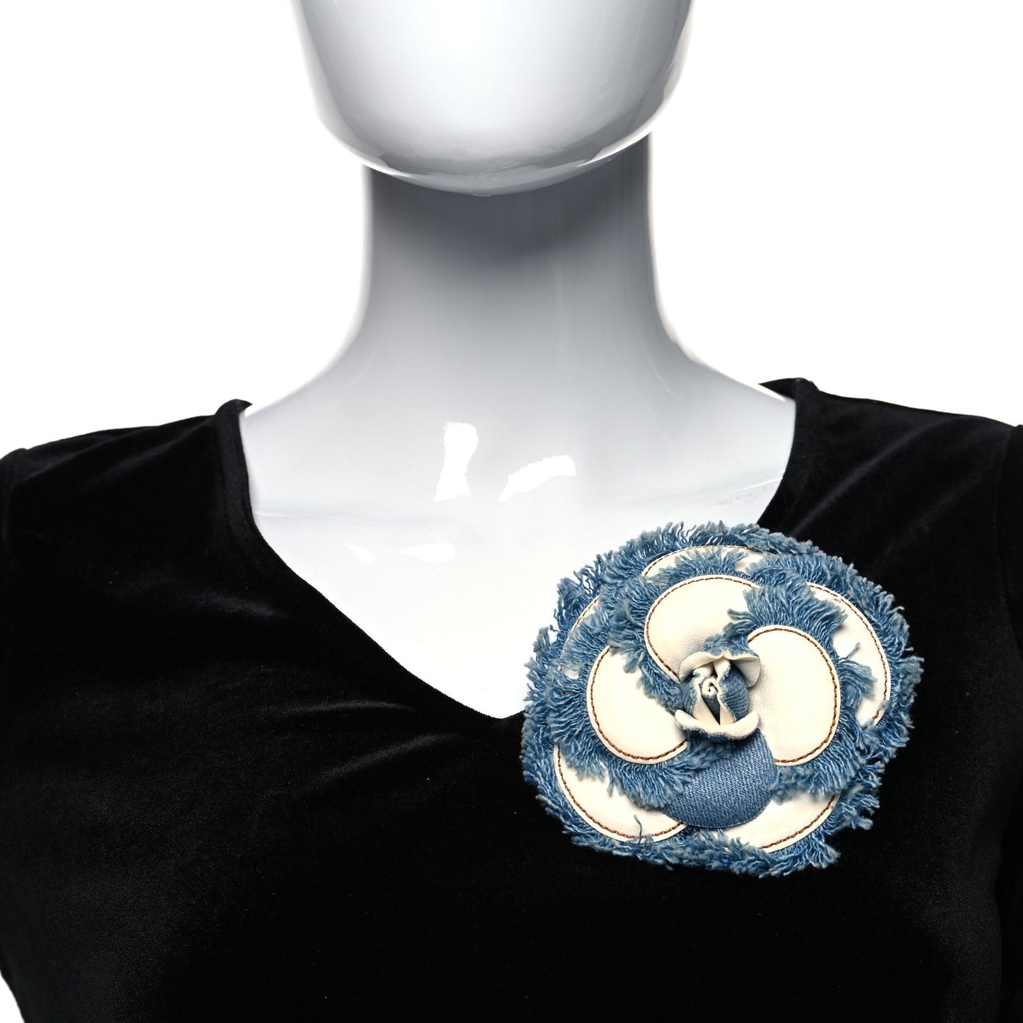 Denim Lambskin Camellia Pin Brooch Blue White
