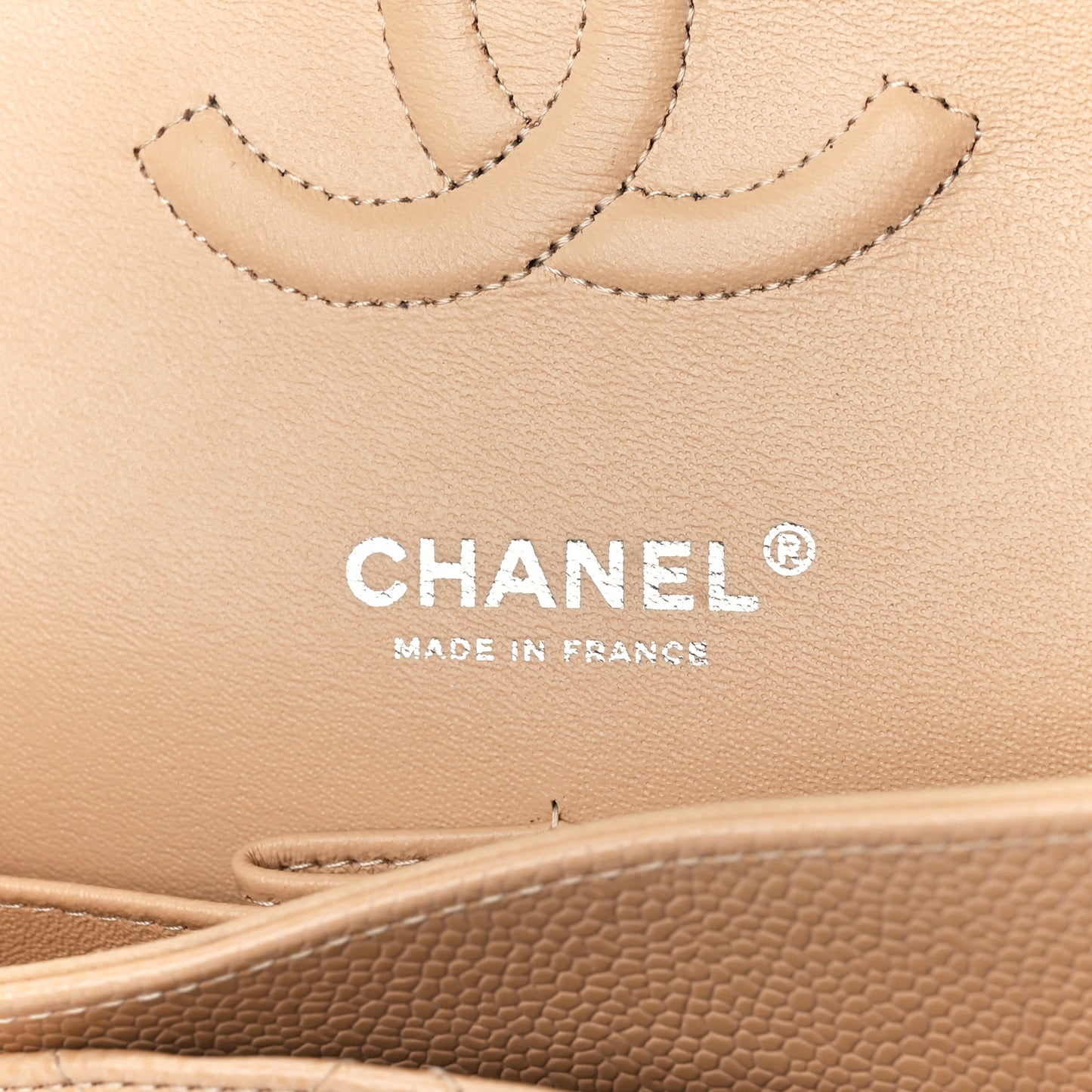 Caviar Quilted Medium Double Flap Beige