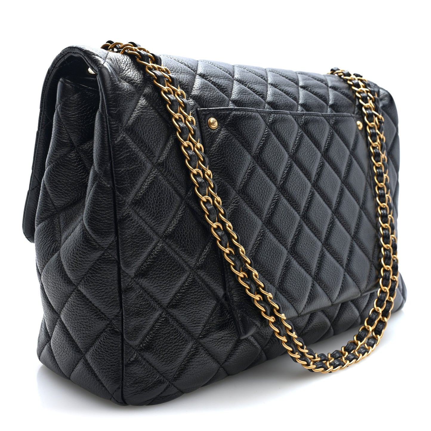 Grained Calfskin Quilted XXL Travel Flap Bag Black