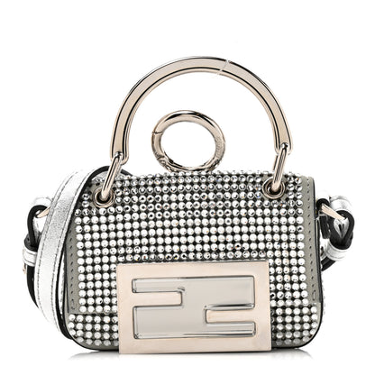 Fendi Nubuck Crystal Catalan Mirror Nano Maxi Buckle Baguette Charm Pietra Argento 8 of 11