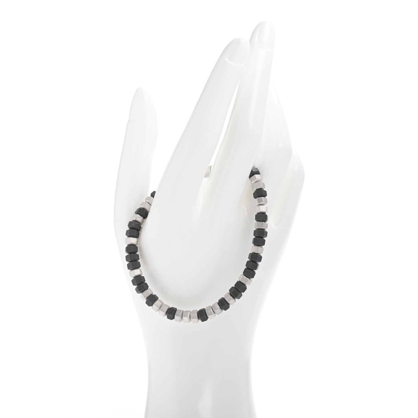 Sterling Silver Rubber Mens Hex Bead Bracelet Grey