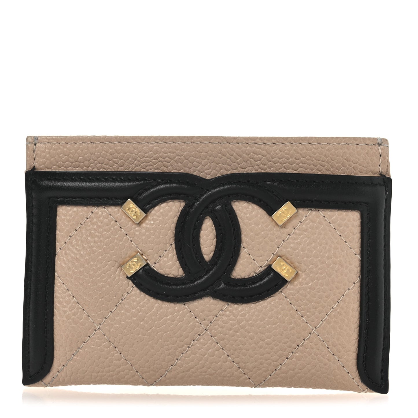 Caviar Quilted Filigree Card Holder Beige Black