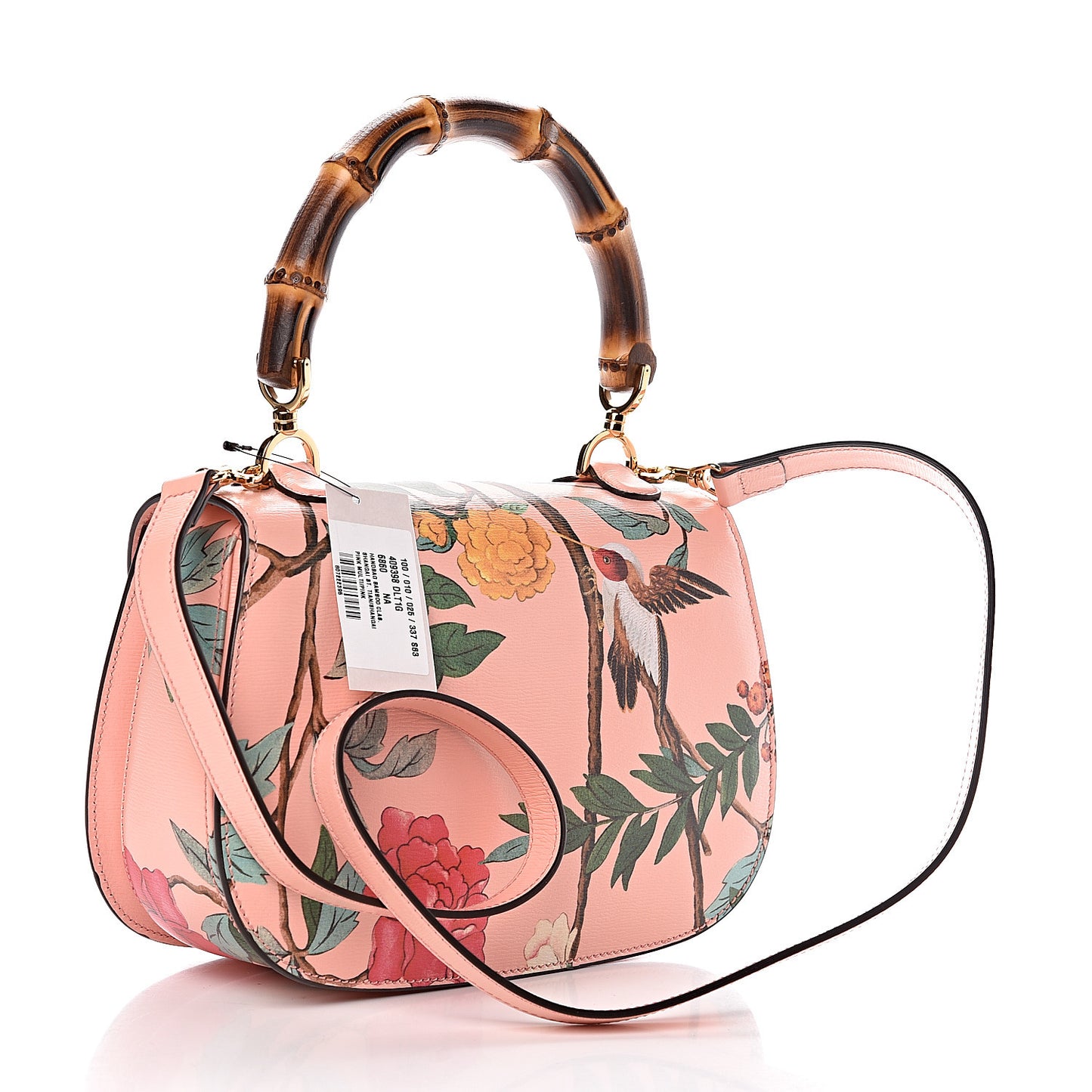 Shangai Calfskin Tian Print Small Classic Bamboo Top Handle Bag Pink Apricot Multicolor