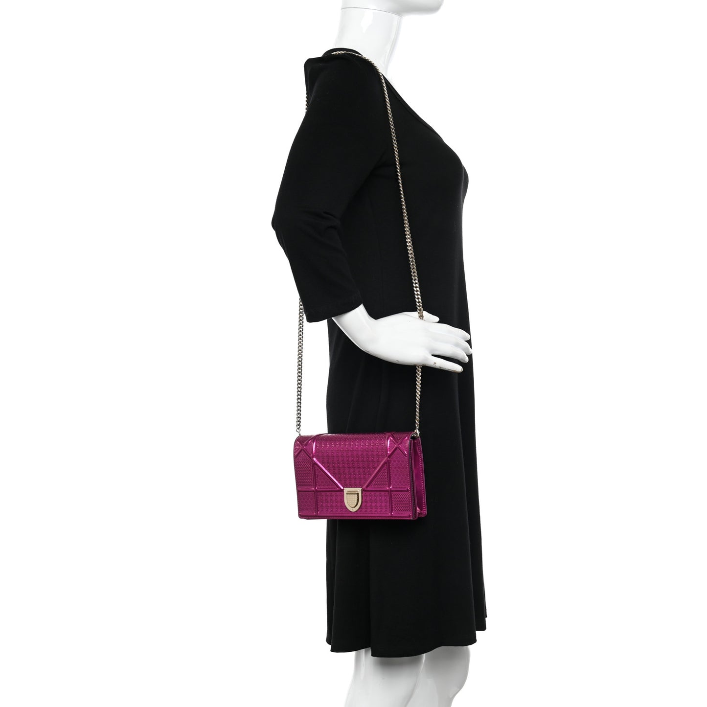 Metallic Patent Micro-Cannage Diorama Wallet on Chain Pouch Fuchsia