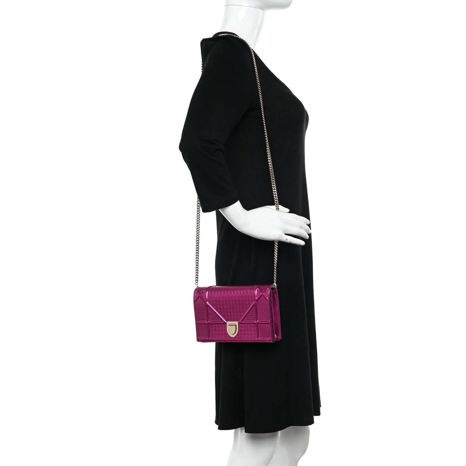 Christian Dior Metallic Patent Micro-Cannage Diorama Wallet on Chain Pouch Fuchsia 2 of 10