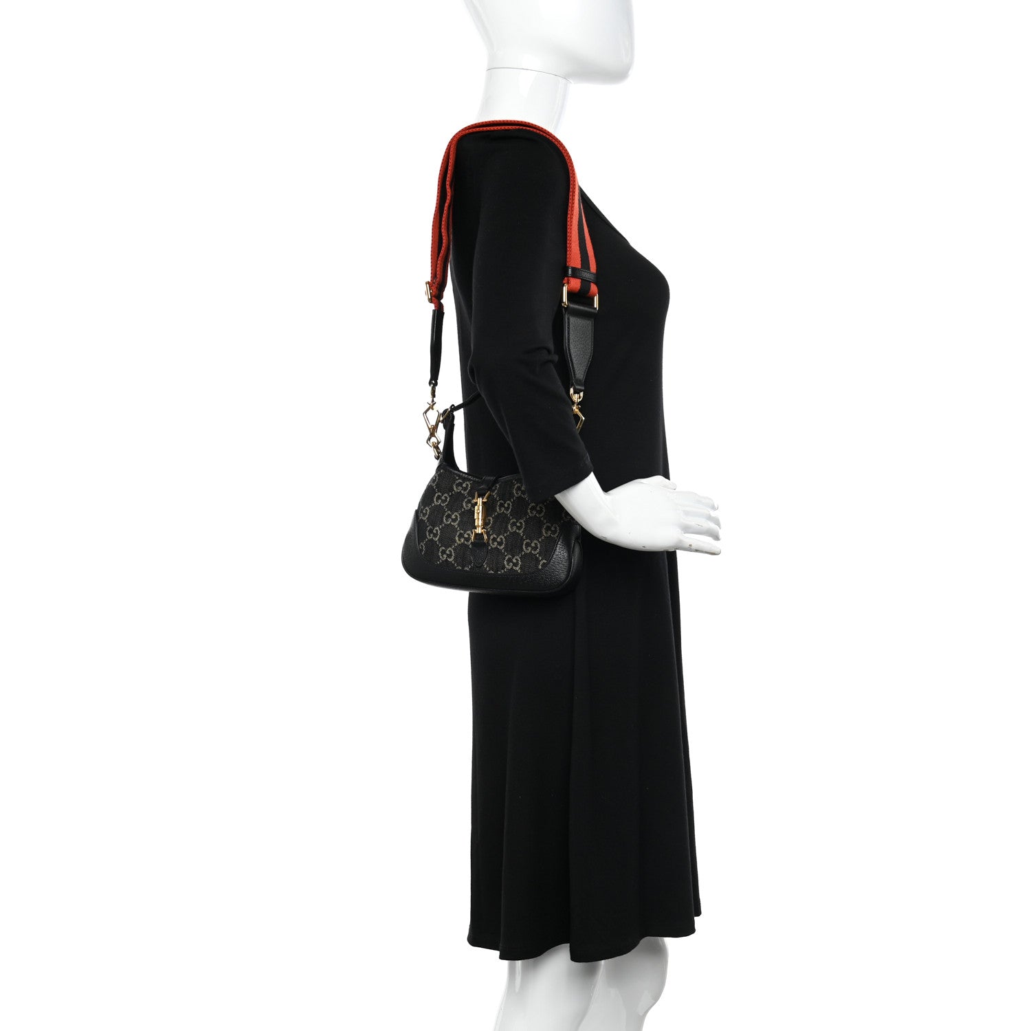 Gucci Jacquard Black Denim GG Monogram Textured Dollar Calfskin Mini Jackie 1961 Hobo Black Ivory 2 of 10