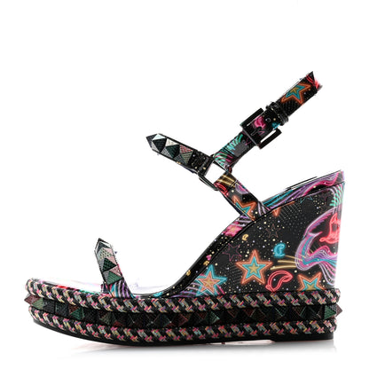 Christian Louboutin Patent Calfskin Lin By The Night Pyraclou 110 Wedge Sandals 40 Black Multicolor 1 of 8
