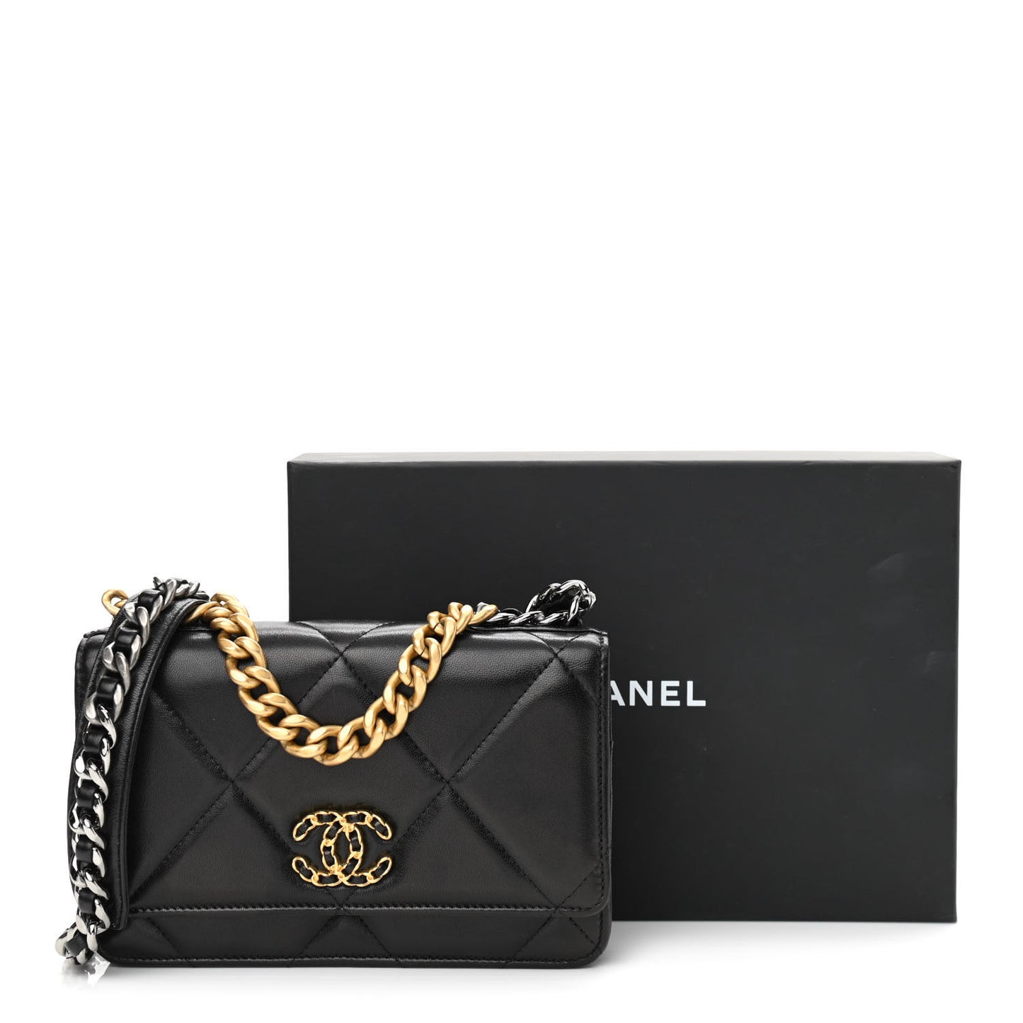 Lambskin Quilted Chanel 19 Wallet On Chain WOC Black