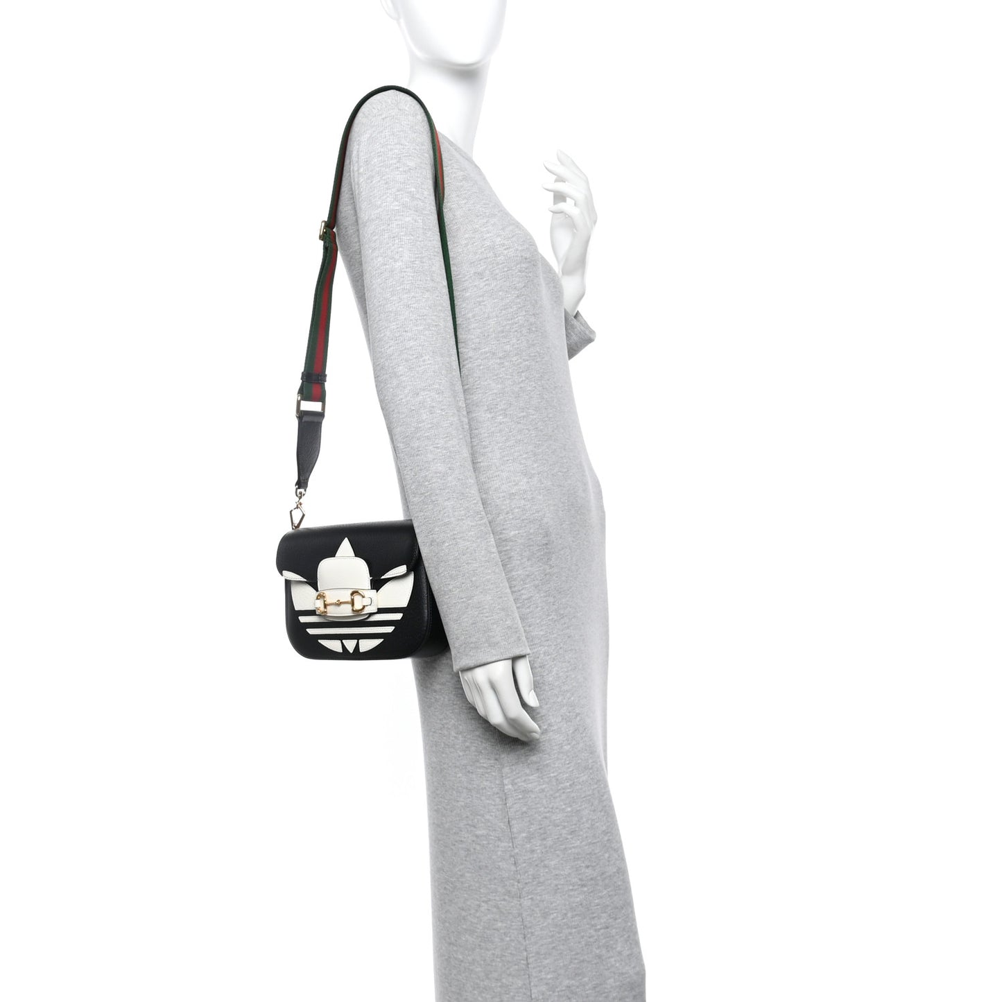X ADIDAS Textured Dollar Calfskin Web Trefoil Mini Horsebit 1955 Shoulder Bag Black Off White