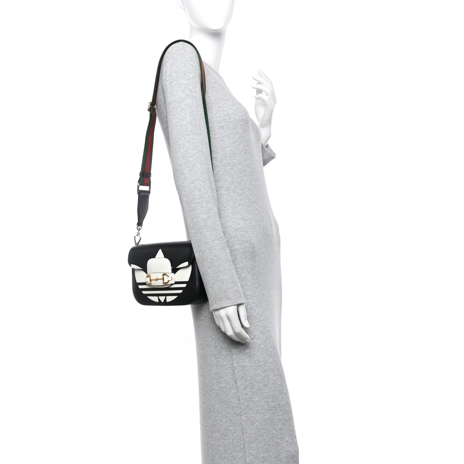 Gucci X ADIDAS Textured Dollar Calfskin Web Trefoil Mini Horsebit 1955 Shoulder Bag Black Off White 2 of 10