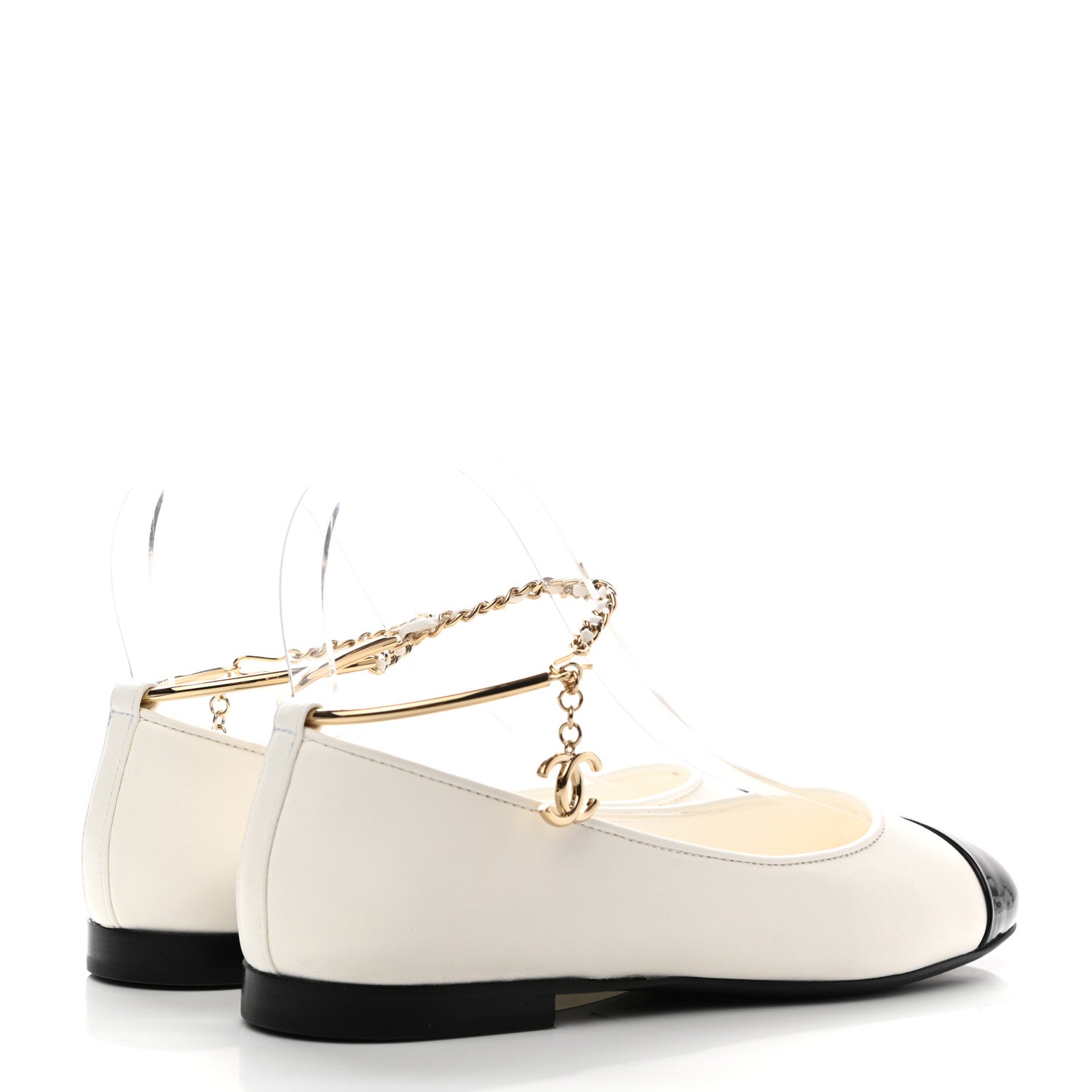 Chanel Lambskin Patent Calfskin Cap Toe Ankle Chain Ballerina Flats 36 White Black 4 of 9