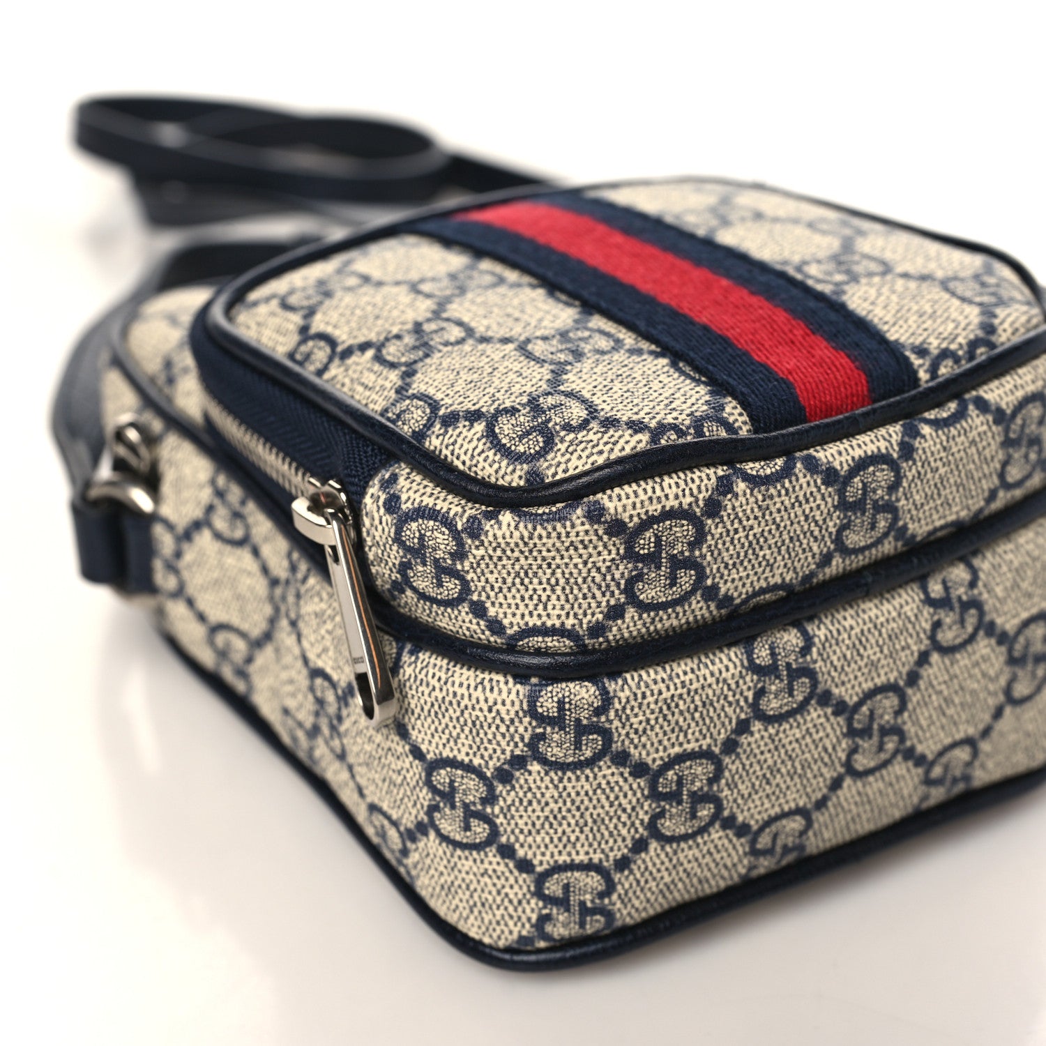 Gucci GG Supreme Monogram Textured Dollar Calfskin Web Mini Ophidia Double Zip Messenger Bag Beige Blue 8 of 10