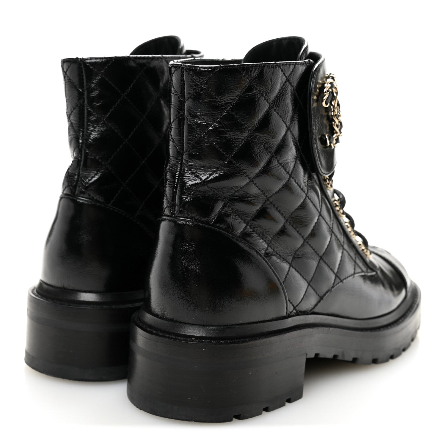 Chanel Shiny Calfskin Quilted Lace Up Combat Boots 37.5 Black