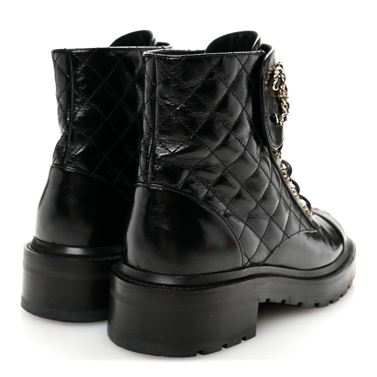 Shiny Calfskin Quilted Lace Up Combat Boots 37.5 Black