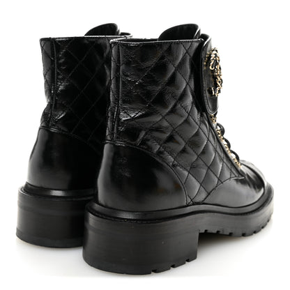 Chanel Shiny Calfskin Quilted Lace Up Combat Boots 37.5 Black 4 of 10