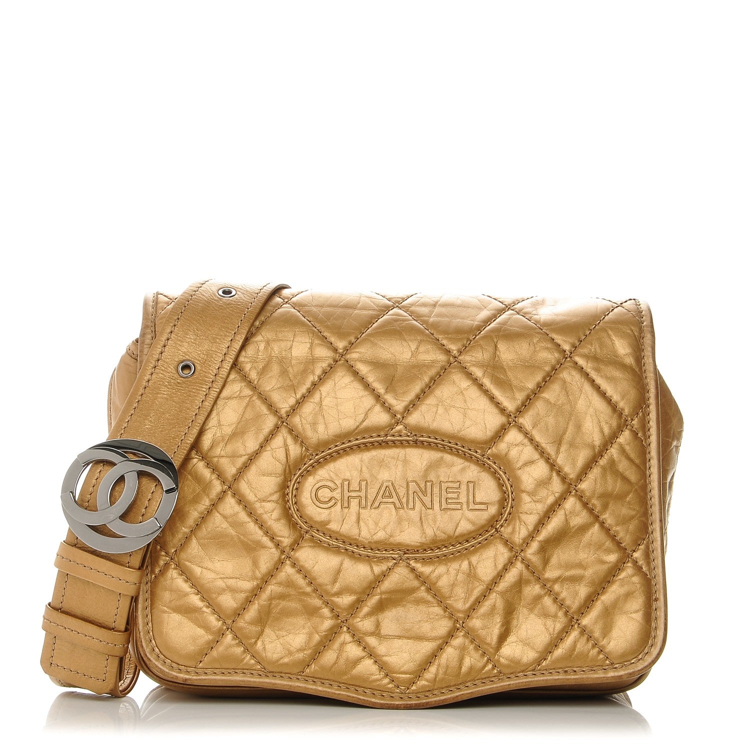 Chanel Aged Calfskin Quilted Vintage Ligne Messenger Flap Gold 1 of 10