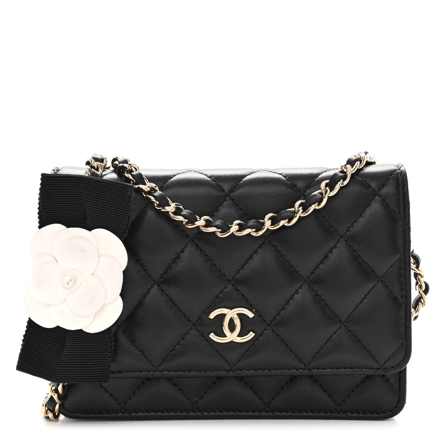 Lambskin Quilted Mini Camellia Bow Wallet On Chain WOC Black
