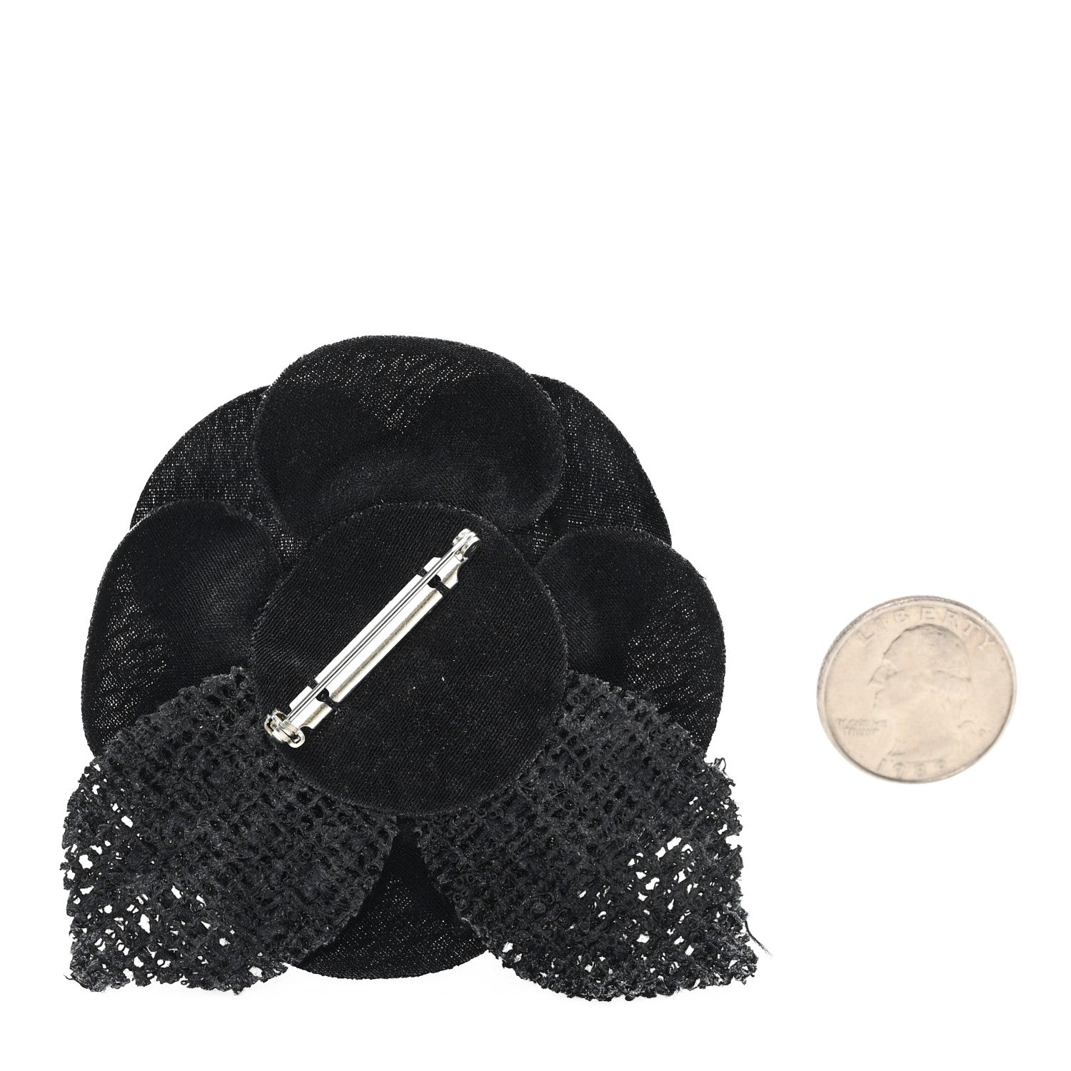 Chanel Tweed Fabric Camellia Pin Brooch Black 2 of 3