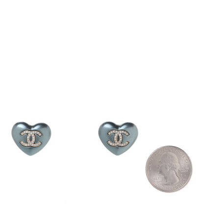 Chanel Pearl Crystal CC Heart Earrings Blue Gold 2 of 5