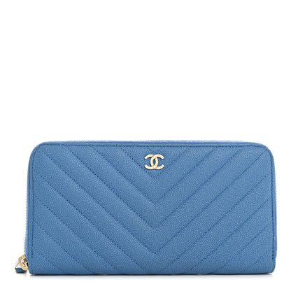 Chanel Iridescent Caviar Chevron Quilted Large Gusset Zip Around Wallet Bright Blue 1 of 8