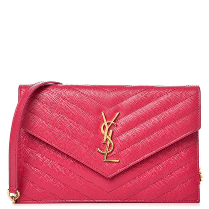 Saint Laurent Grain De Poudre Matelasse Chevron Monogram Envelope Chain Wallet Bubblegum 1 of 13