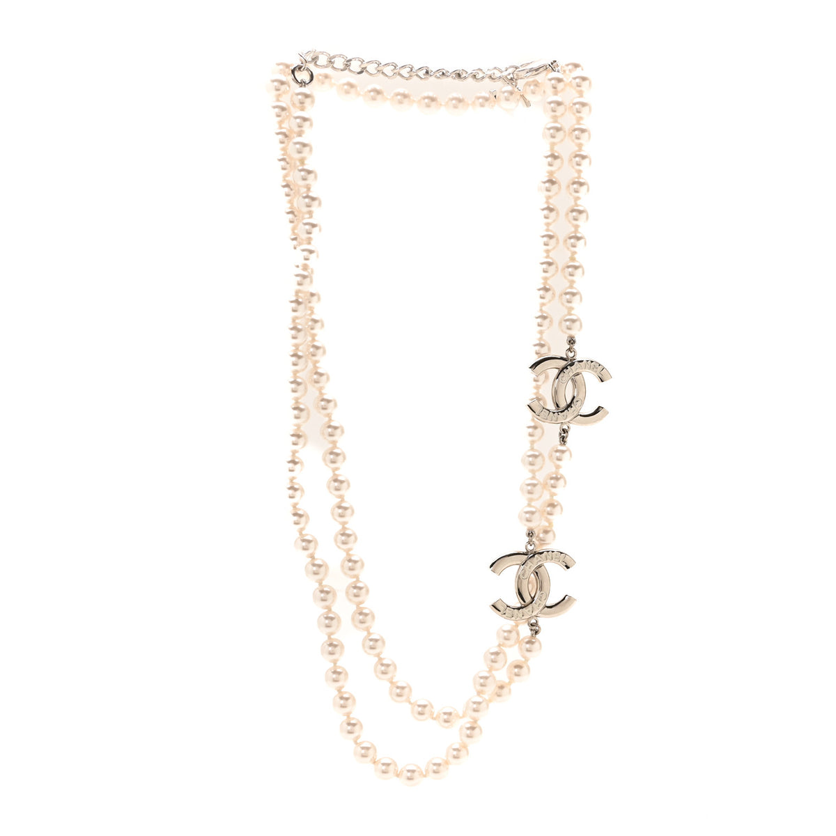 Chanel Pearl Resin CC Long Necklace Pearly White Silver 1 of 5