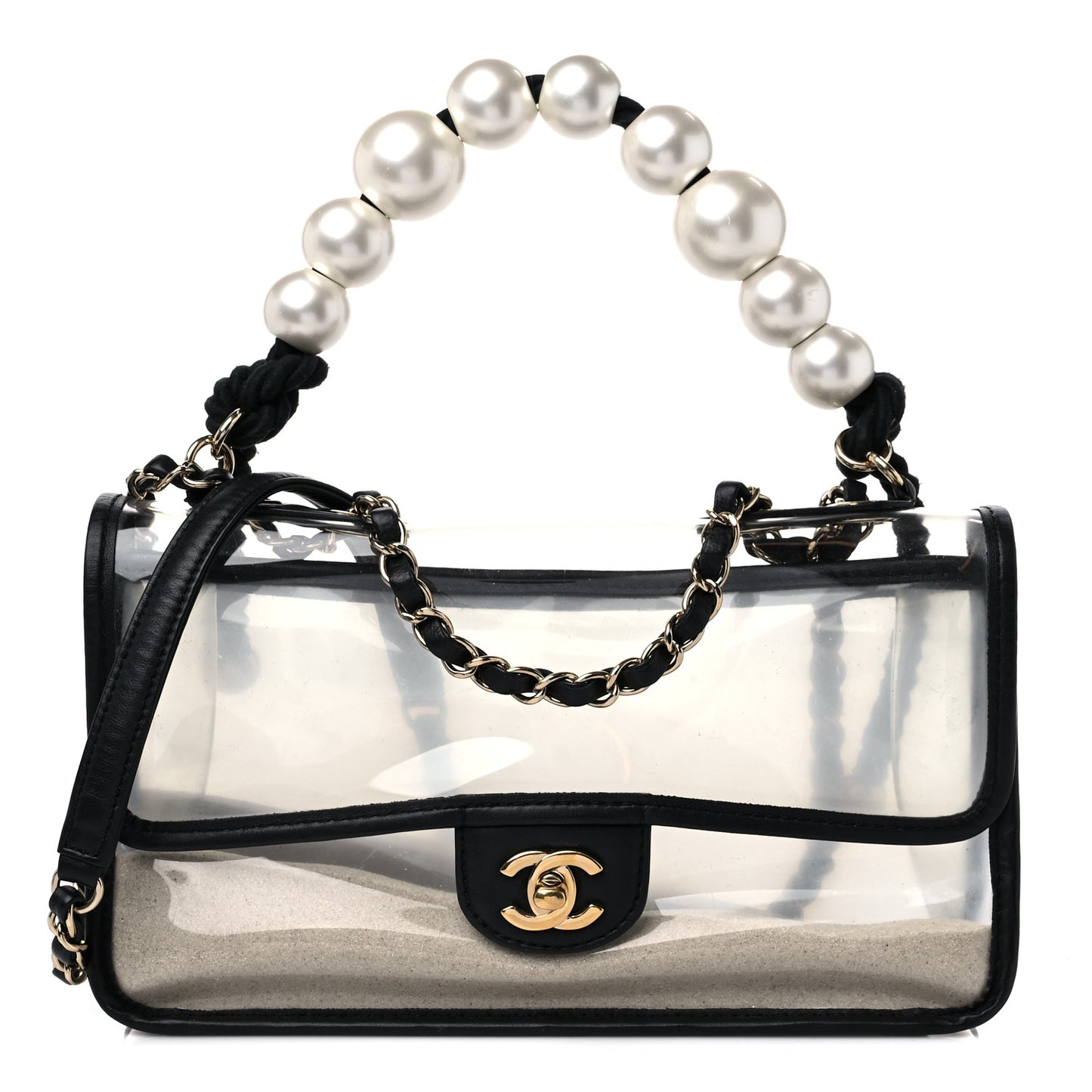 Lambskin PVC Sand By The Sea Flap With Pearl Strap Black