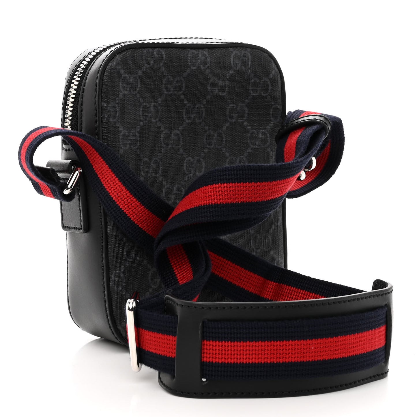 GG Supreme Monogram Appia Calfskin Web Small Camera Messenger Bag Black Grey