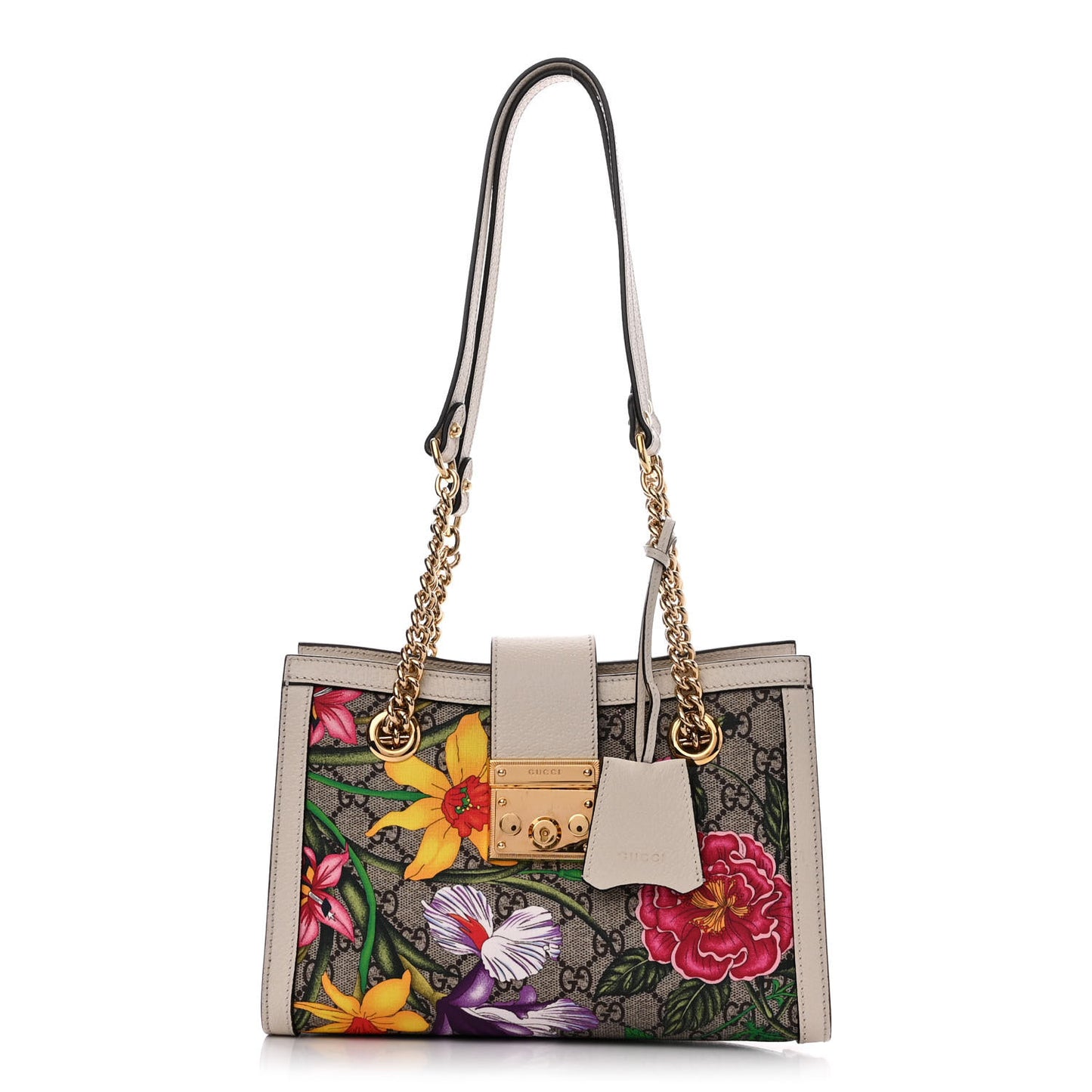 GG Supreme Monogram Flora Textured Calfskin Small Padlock Tote Beige Ebony Multicolor Mystic White