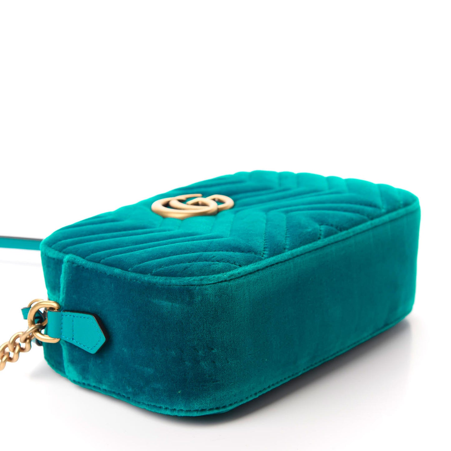 Velvet Matelasse Small GG Marmont Chain Shoulder Bag Pavone Cyan