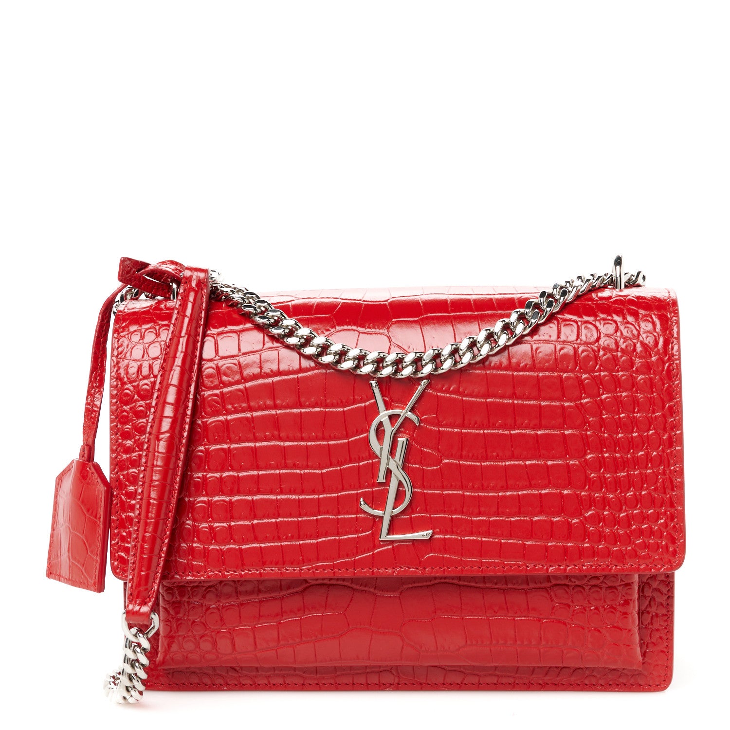 Saint Laurent Calfskin Crocodile Embossed Medium Monogram Sunset Rouge Eros 1 of 11