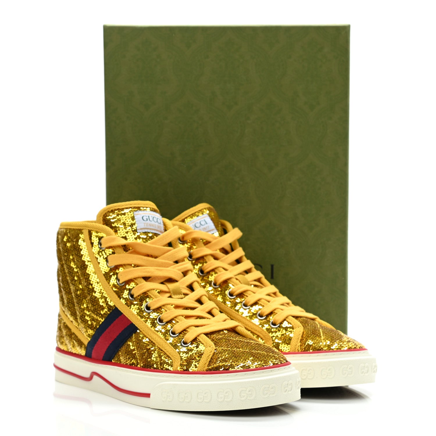 Gucci Sequin Web Matelasse Womens 1977 Tennis High Top Sneakers 38 Gold Yellow 8 of 8