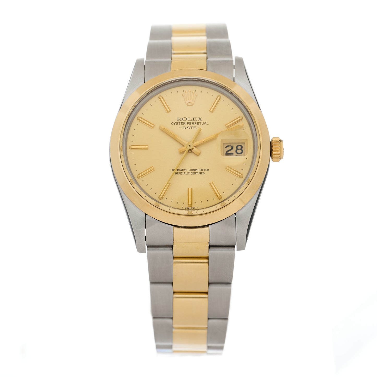 Stainless Steel 14K Yellow Gold 34mm Oyster Perpetual Date Watch Champagne 15003