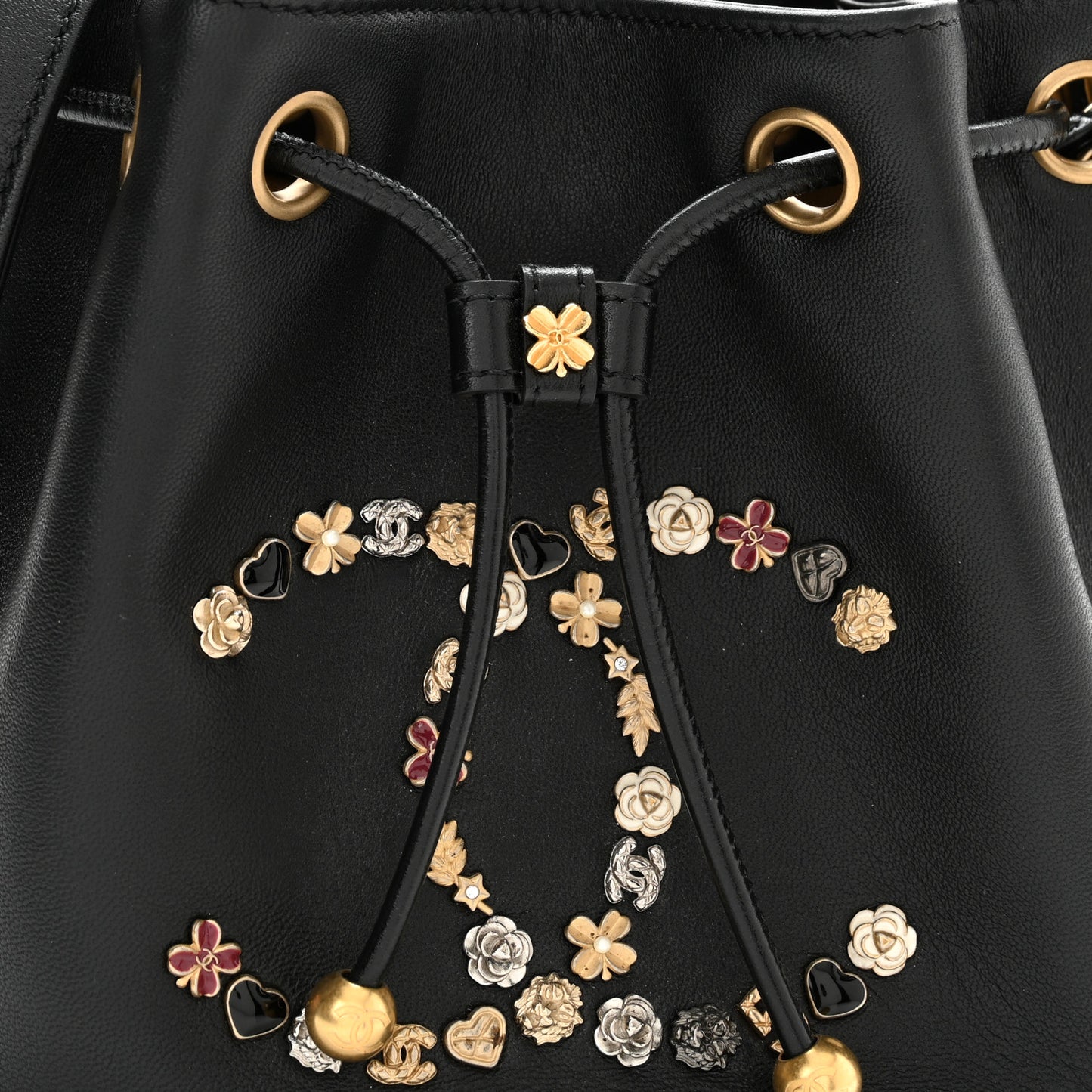 Lambskin Quilted Lucky Charms CC Drawstring Bag Black