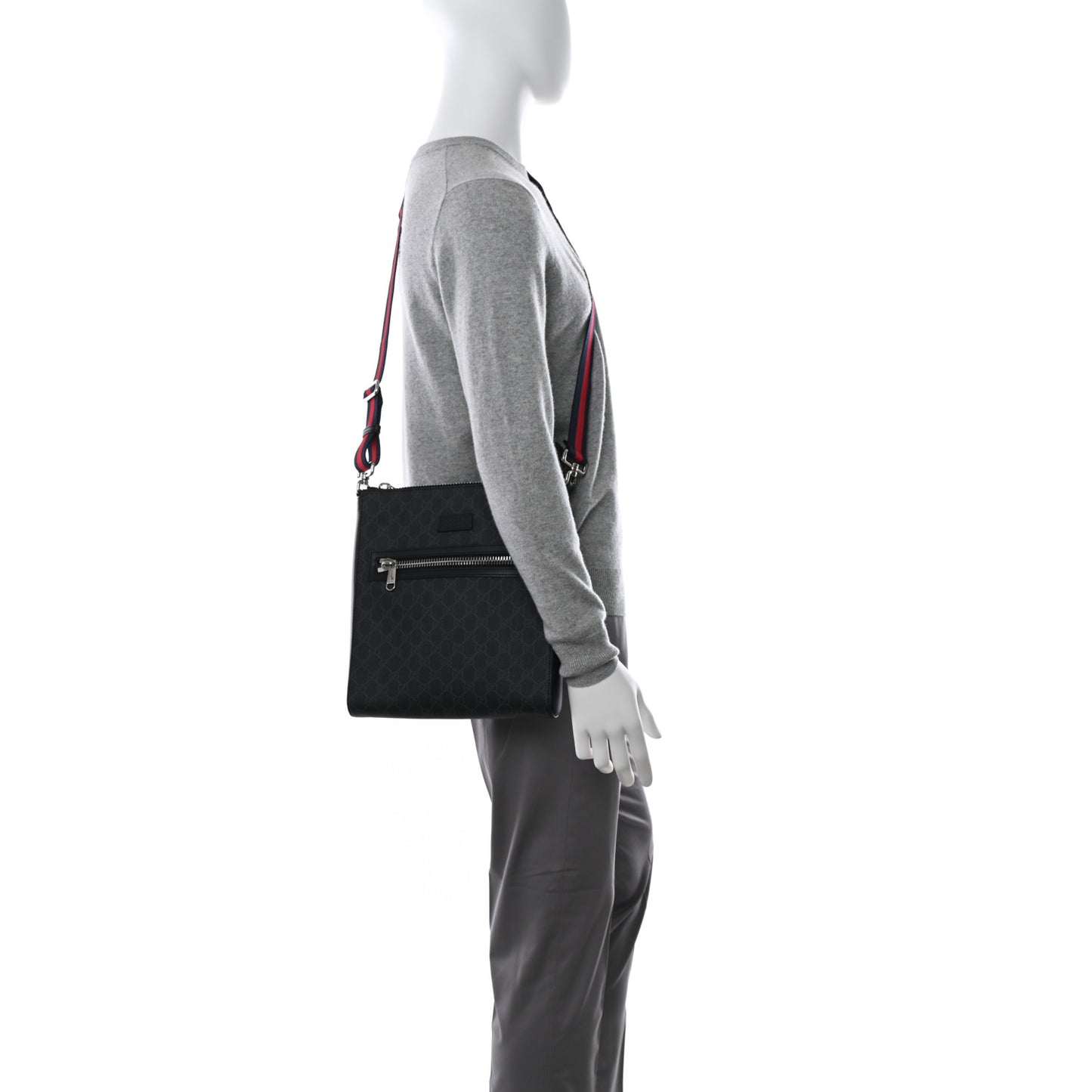 GG Supreme Monogram Appia Calfskin Web Flat Messenger Bag Black Grey