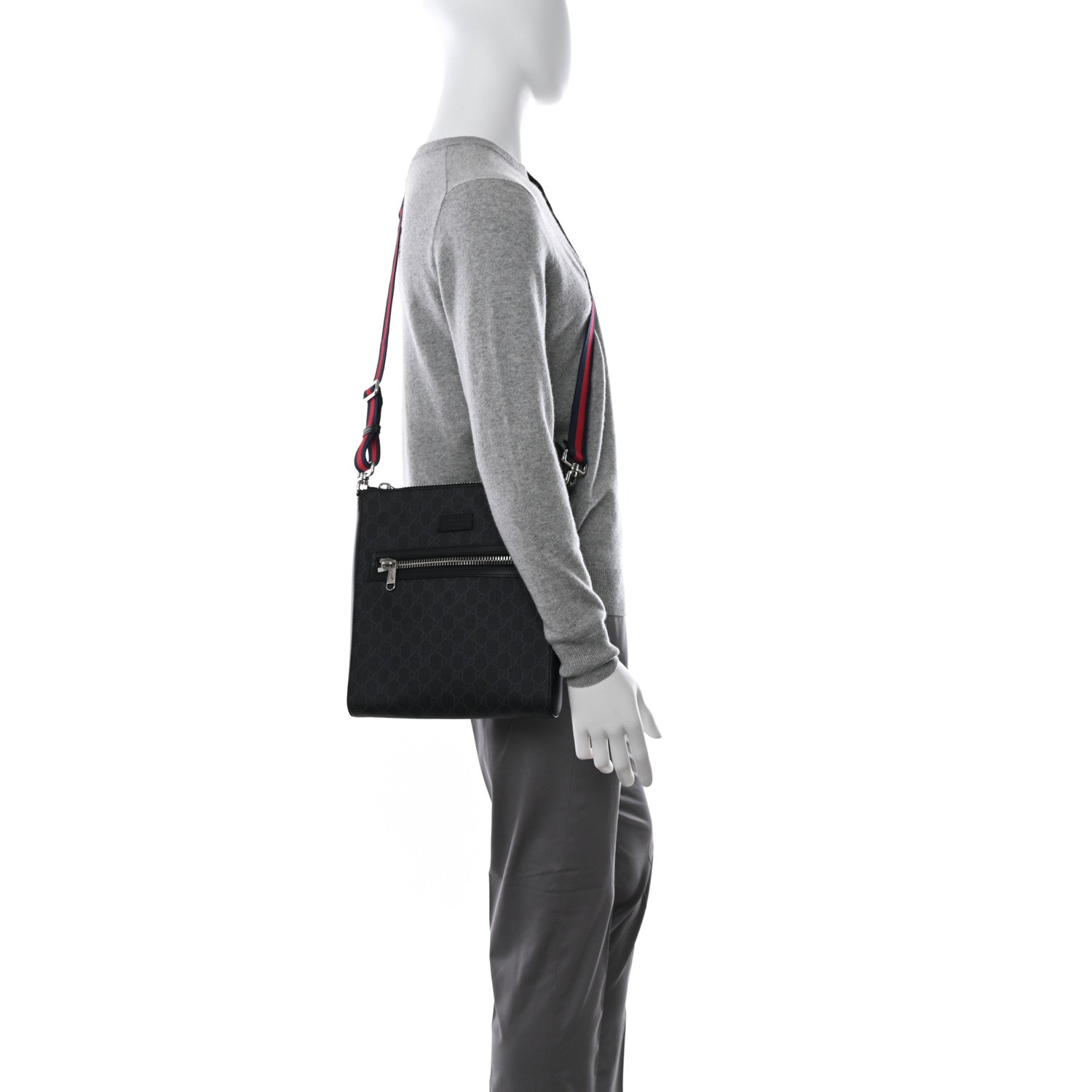 Gucci GG Supreme Monogram Appia Calfskin Web Flat Messenger Bag Black Grey 2 of 10