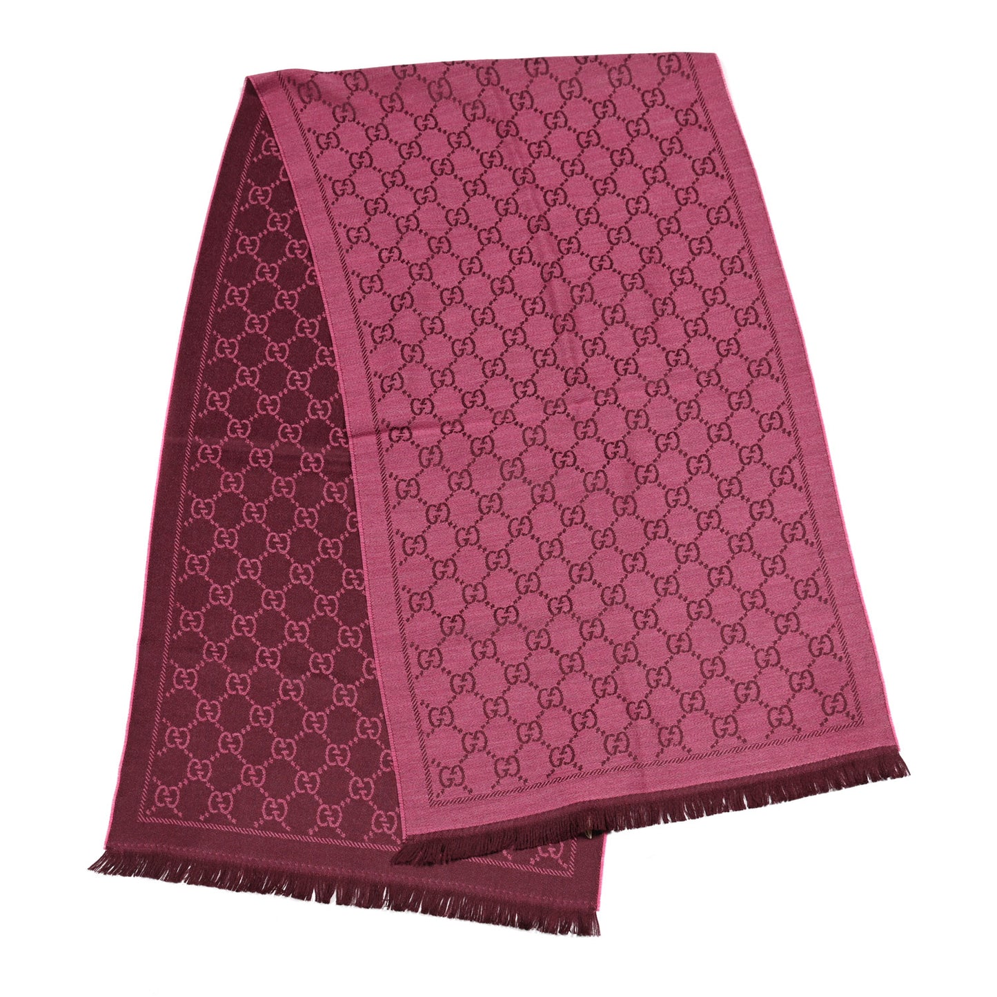 Wool Jacquard GG Monogram Sten Fringe Scarf Magenta Bordeaux