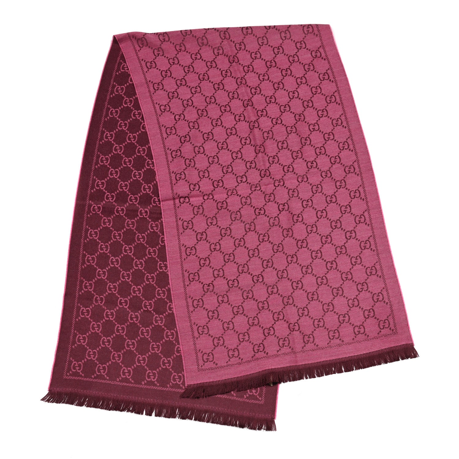 Gucci Wool Jacquard GG Monogram Sten Fringe Scarf Magenta Bordeaux 2 of 4