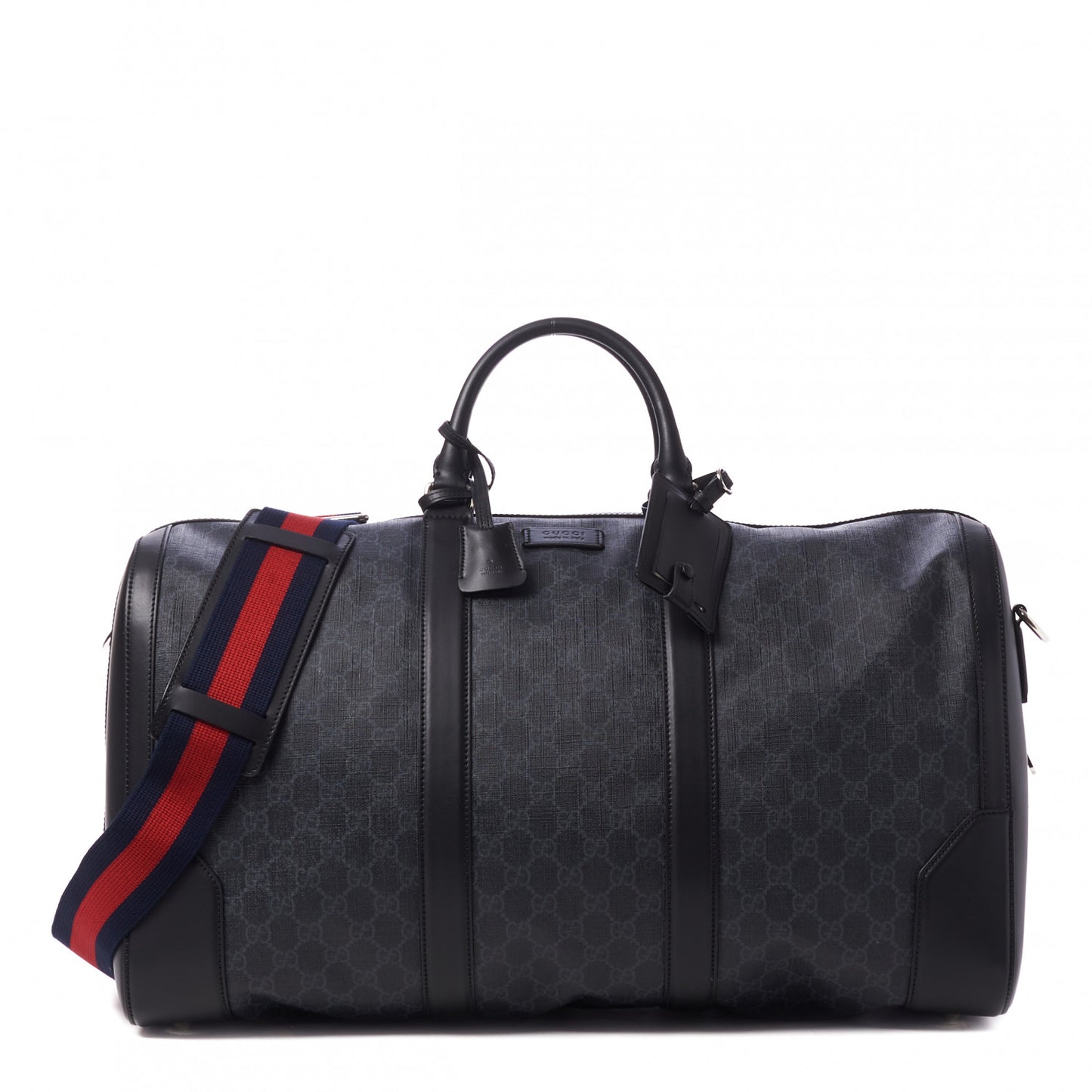 Soft GG Supreme Monogram Appia Calfskin Web Large Carry On Duffle Bag Black Grey