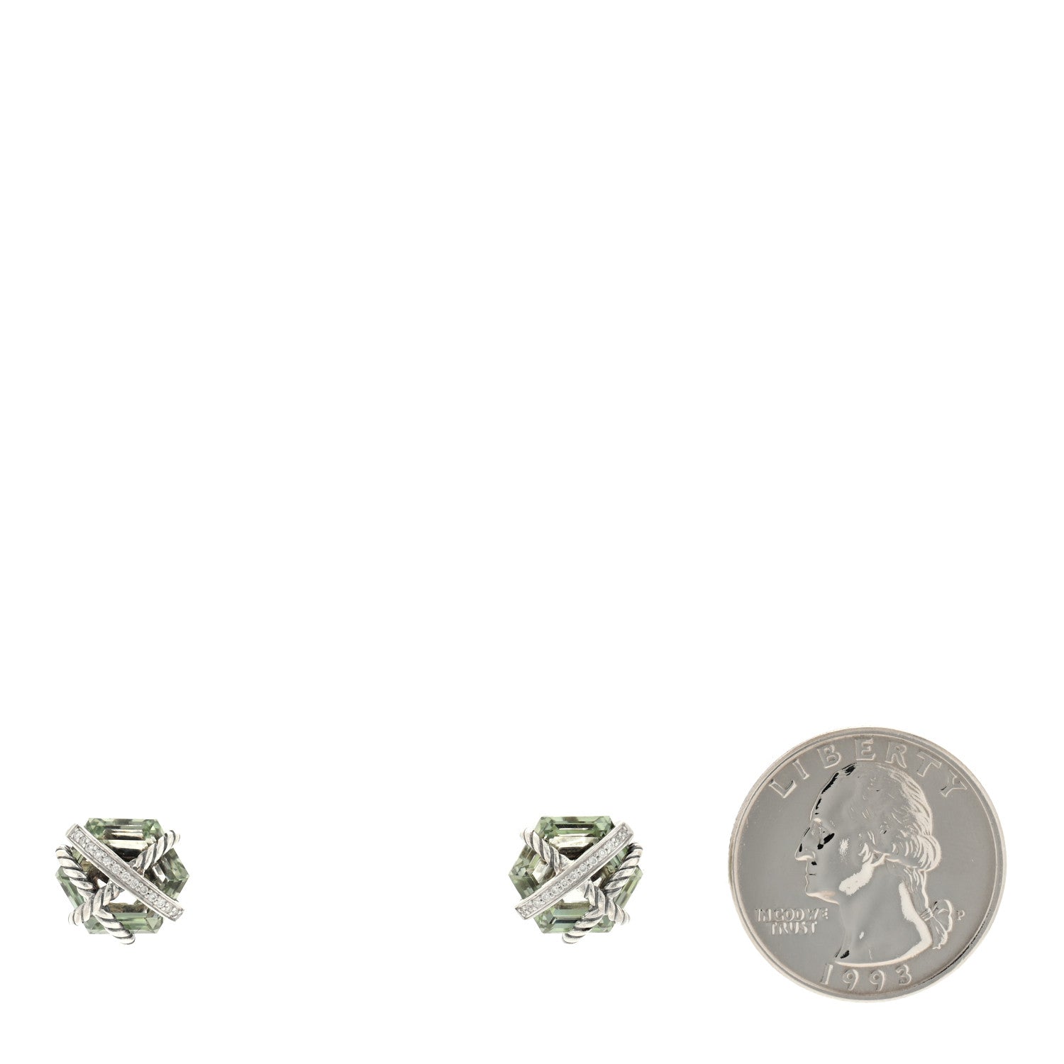 David Yurman Sterling Silver Diamond Prasiolite 10mm Cable Wrap Earrings 2 of 4