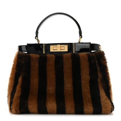 Fendi Shearling Vitello Vernice Mou Pequin Striped Medium Peekaboo Iconic Satchel Tobacco Black 1 of 9